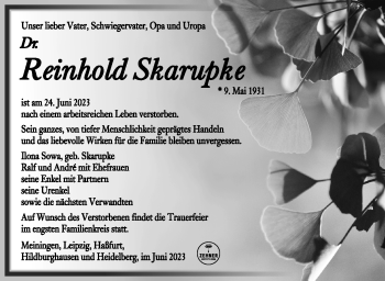 Traueranzeige von Reinhold Skarupke von Südthüringer Presse