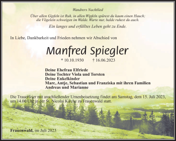 Traueranzeige von Manfred Spiegler von Südthüringer Presse