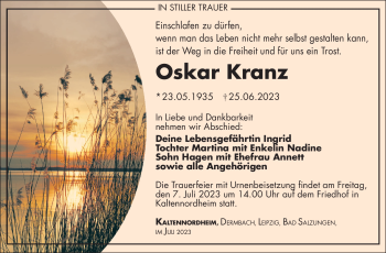 Traueranzeige von Oskar Kranz von Südthüringer Presse
