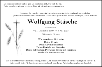 Traueranzeige von Wolfgang Stäsche von Frankenpost