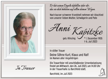Traueranzeige von Anni Kapitzke von Südthüringer Presse