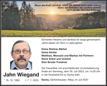 Traueranzeige von Jahn Wiegand von Südthüringer Presse
