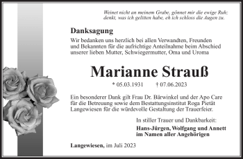 Traueranzeige von Marianne Strauß von Südthüringer Presse