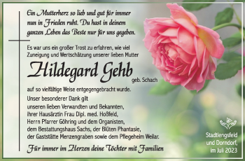 Traueranzeige von Hildgard Gehb von Südthüringer Presse
