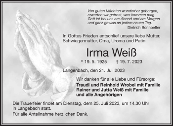Traueranzeige von Irma Weiß von Frankenpost