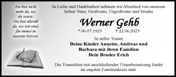 Traueranzeige von Werner Gehb von Südthüringer Presse
