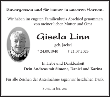 Traueranzeige von Gisela Linn von Südthüringer Presse