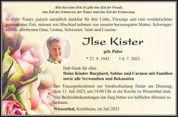 Traueranzeige von Ilse Kister von Südthüringer Presse