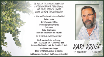 Traueranzeige von Karl Kruse von Südthüringer Presse