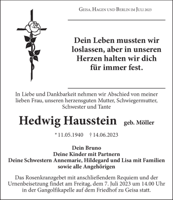 Traueranzeige von Hedwig Hausstein von Südthüringer Presse