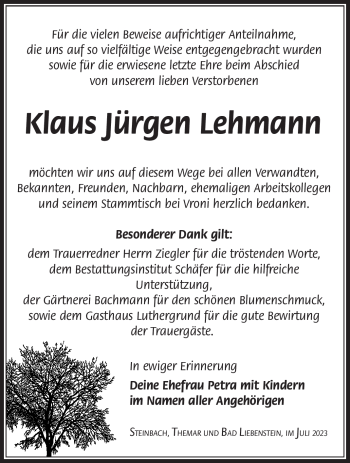 Traueranzeige von Klaus Jürgen Lehmann von Südthüringer Presse