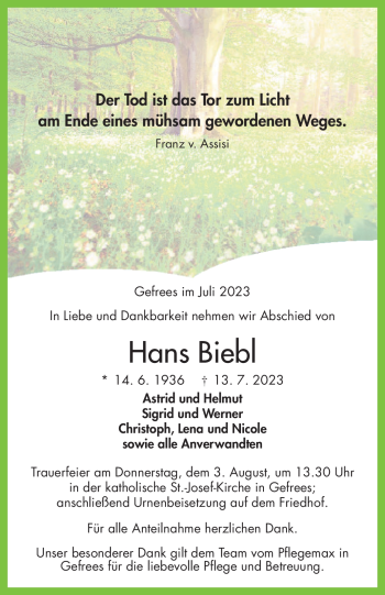 Traueranzeige von Hans Biebl von Frankenpost