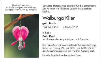 Traueranzeige von Walburga Klier von Frankenpost