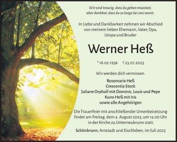 Traueranzeige von Werner Heß von Südthüringer Presse