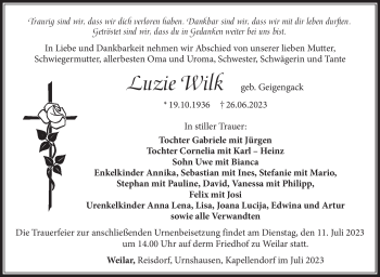 Traueranzeige von Luzie Wilk von Südthüringer Presse
