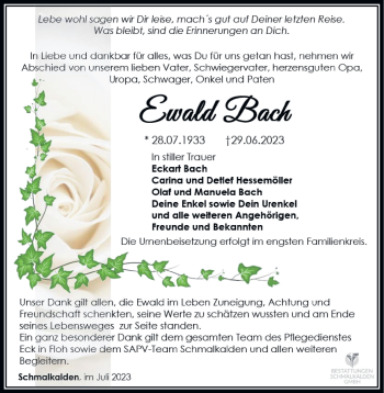 Traueranzeige von Ewald Bach von Südthüringer Presse