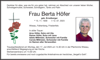 Traueranzeige von Betra Höfer von Frankenpost