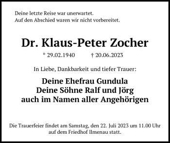 Traueranzeige von Klaus-Peter Zocher von Südthüringer Presse