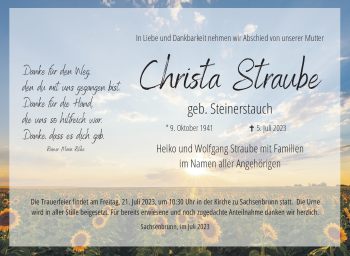 Traueranzeige von Christa Straube von Südthüringer Presse