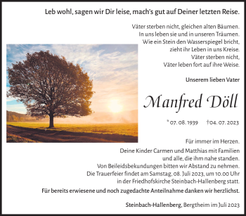 Traueranzeige von Manfred Döll von Südthüringer Presse