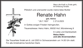 Traueranzeige von Renate Hahn von Frankenpost