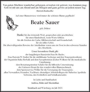 Traueranzeige von Beate Sauer von Südthüringer Presse
