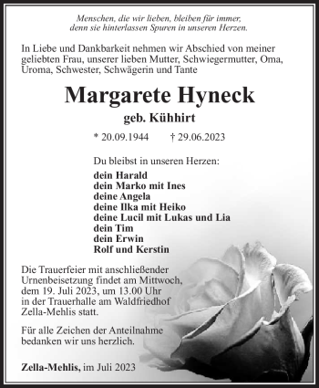 Traueranzeige von Margarete Hyneck von Südthüringer Presse