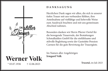 Traueranzeige von Werner Volk von Südthüringer Presse