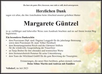 Traueranzeige von Margarete Güntzel von Südthüringer Presse