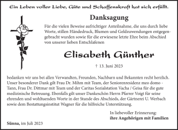 Traueranzeige von Elisabeth Günther von Südthüringer Presse