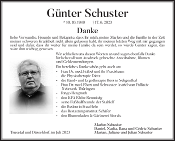 Traueranzeige von Günter Schuster von Südthüringer Presse