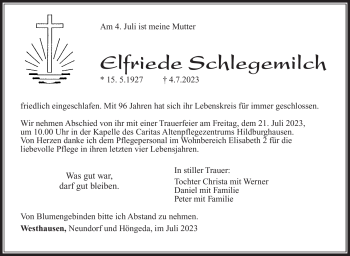 Traueranzeige von Elfriede Schlegemilch von Südthüringer Presse