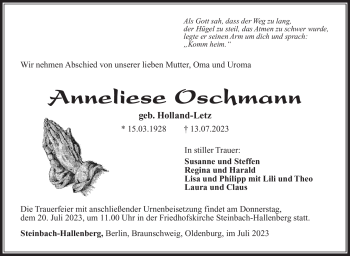 Traueranzeige von Anneliese Oschmann von Südthüringer Presse
