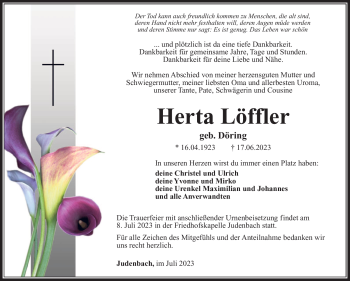 Traueranzeige von Herta Löffler von Südthüringer Presse