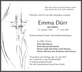 Traueranzeige von Emma Dürr von Frankenpost