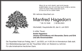 Traueranzeige von Manfred Hagedorn von Frankenpost