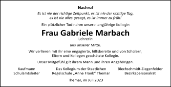 Traueranzeige von Gabriele Marbach von Südthüringer Presse