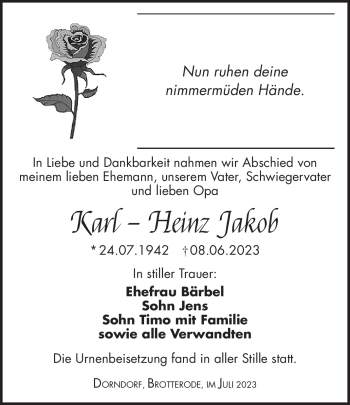 Traueranzeige von Karl-Heinz Jakob von Südthüringer Presse
