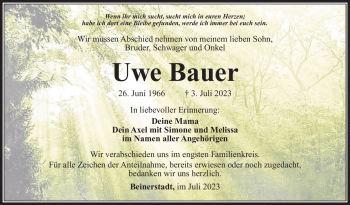 Traueranzeige von Uwe Bauer von Südthüringer Presse