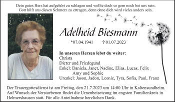 Traueranzeige von Adelheid Biesmann von Südthüringer Presse