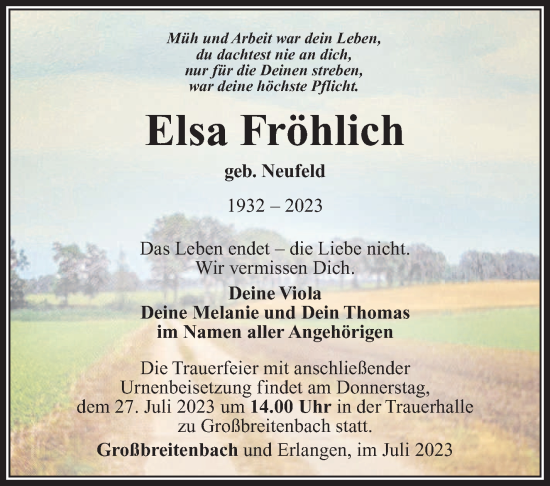 Traueranzeige von Elsa Fröhlich von Südthüringer Presse