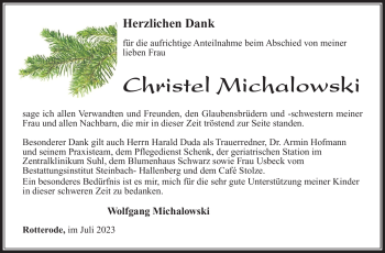 Traueranzeige von Christel Michalowski von Südthüringer Presse