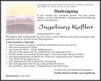 Traueranzeige von Ingeburg Keßler von Südthüringer Presse