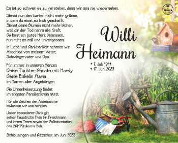 Traueranzeige von Willi Heimann von Südthüringer Presse