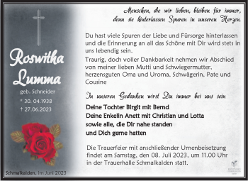Traueranzeige von Roswitha Lumma von Südthüringer Presse