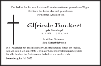 Traueranzeige von Elfriede Backert von Südthüringer Presse