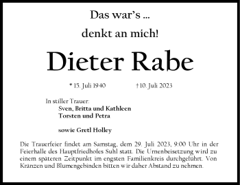 Traueranzeige von Dieter Rabe von Südthüringer Presse