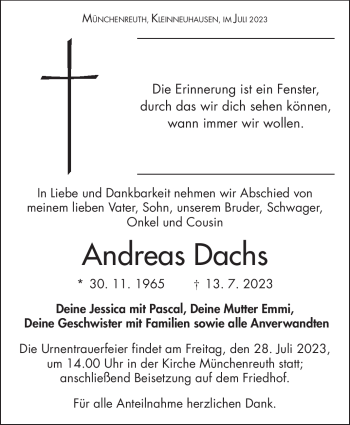 Traueranzeige von Andreas Dachs von Frankenpost