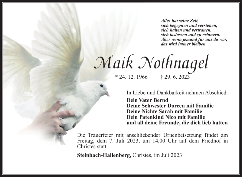  Traueranzeige für Maik Nothnagel vom 04.07.2023 aus Südthüringer Presse