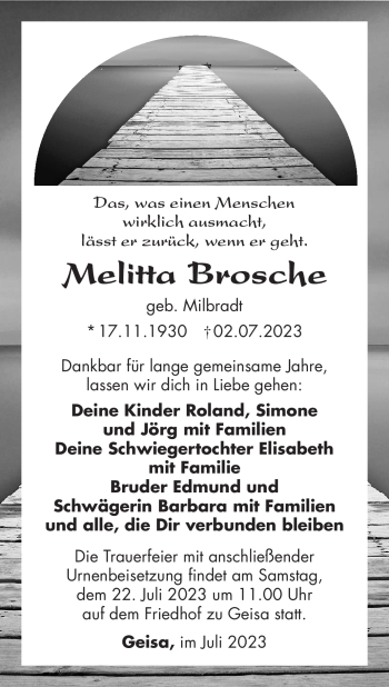 Traueranzeige von Melitta Brosche von Südthüringer Presse